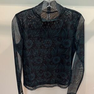 Anthropologie Teal and Black Floral Mesh Top